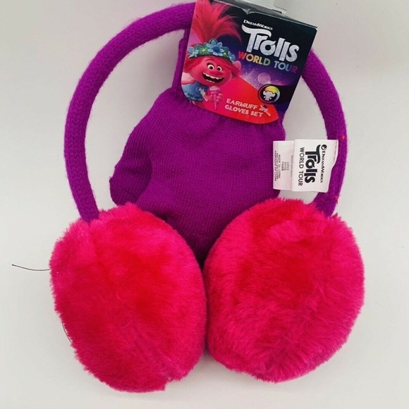 Dream Works Trolls World Tour Girls Red and Pink Earmuff and Gloves Set NEW - Picture 1 of 4